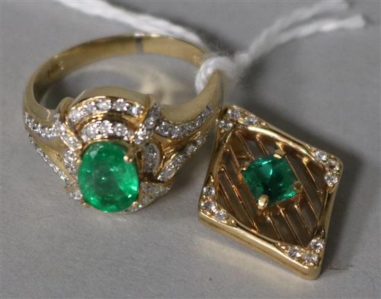 A 14ct yellow gold, emerald and diamond cluster ring and an 18ct yellow gold, emerald and diamond lozenge-shaped pendant
